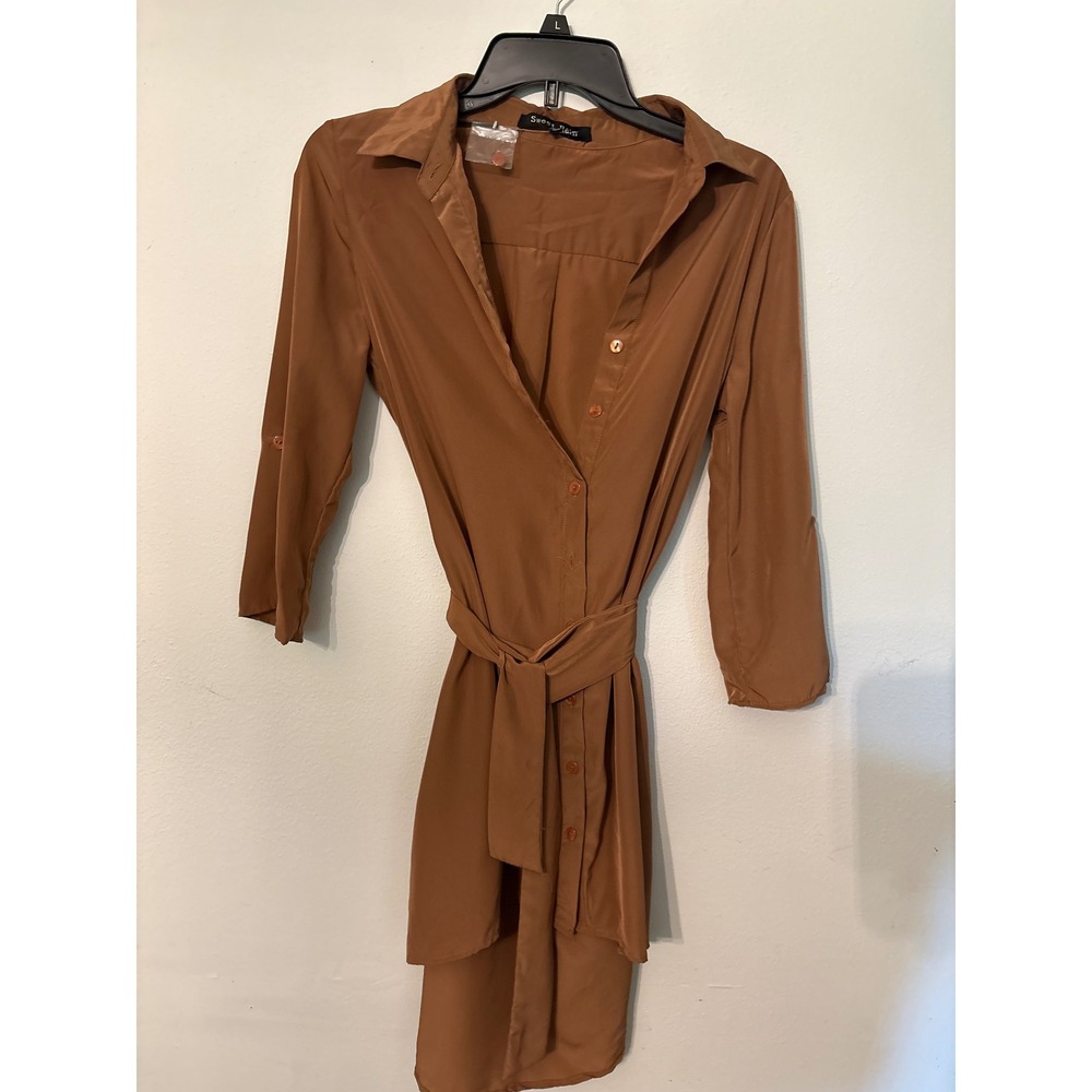 Sweet Rain Shirt Dress Womens S Brown NEW Roll Tab Sleeve Belted Mini
